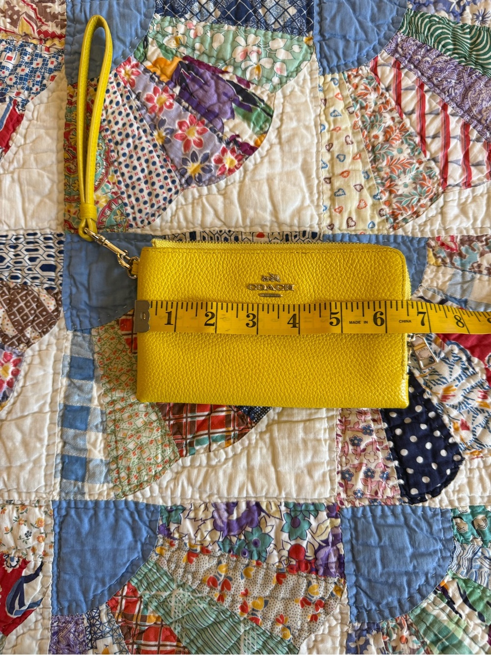 Coach Yellow Pebbled Leather Wristlet with Gold-Tone Logo - Picture 7 of 8